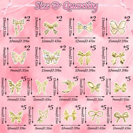BELICEY 72Pcs 3D Nail Charms Gold Bow Butterfly Charms for Nails Alloy Butterflies Bowknot Nails Decoration Cute Nail Bows Gems Rhinestones Nail Jewels for Women Manicure DIY Nail Art Design Crafts
