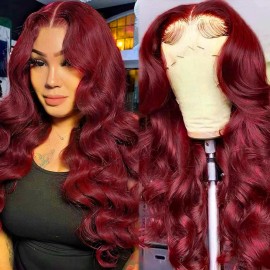 Pre Plucked 99j Burgundy Red Wine Glueless Human Hair 13x6 HD Transparent Body Wave Lace Front  Human Hair Wigs for Womenstyle: Body Wave, color: Burgundy, stretched length: 26 Inches, Lace Size: 13x6
