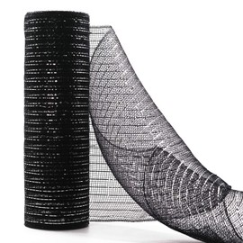 Koopi Deco Mesh 10 inch x 10 Yards Each Roll, Set of 2 Black Metallic Foil Poly Mesh Ribbons for Wreaths, Swags, Craft, Party and Decorating Supplies- 2 Rolls