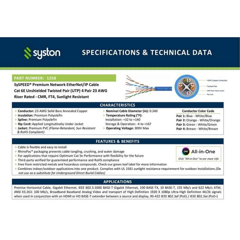 Syston Cat6e Ethernet Internet Cable Patch - 100 FT Blue,