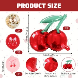 Cherry Balloons 22 Pcs 20 Inch Red Foil Mylar with 2 Ribbons, for Cherry Summer Birthday Party & Baby Shower Decorations
