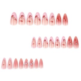 24Pcs Pink French Tip Press on Nails Almond Medium Fake Nails Pearl Rhinestone Design Nude Pink False Nails Red Lips Acrylic Nails Cute Bow Stick on Nails Full Cover Glossy Glue on Nail for Women Gift