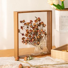 Wooden Dried Flower Photo Frame Dried Flower Display Stand Decorative Floating Photo Frame,Double Sided glass,for Display Dried Flowers,Handicrafts (Walnut color-8x12)