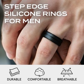 ROQ Silicone Rubber Wedding Ring for Men, Comfort Fit, Men's Wedding Band, Breathable Rubber Engagement Ring/Band, Step Edge, 8mm Wide 2mm Thick, 4 Pack, Black & Grey, Size 14