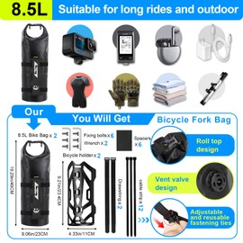 Desing Wish 2PCS 8L Bike Front Fork Bag Waterproof Bike Pannier Bag with Front Bike Rack Cage Roll Top Design Dry Frame Bag Cycling Storage Pouch Mountain Bike Accessories (Black)