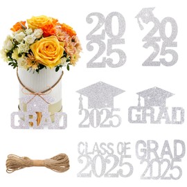 MixTeach 24Pcs Glitter Graduation Tags Class of 2025 Graduation Cutouts Double Side Shiny Grad Caps Centerpieces 2025 Mason Jars Tags for 2025 Congrats Grad Party Supplies, Silver