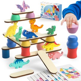 Montessori Dinosaur Toys for 1 2 3 4 Year Old Toddlers, Preschool Education Toys for Ages 2-4 Boys Girls Kids, Wooden Dinosaur Blocks Sorting & Stacking & Balance Toy, Educational Birthday Gift