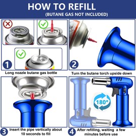 Butane Torch Lighter,Refillable Kitchen Blow Lighter, Culinary Cooking Torches with Safety Lock and Adjustable Flame for Desserts Creme Brulee BBQ and Baking - Butane Gas Not Included (Blue)