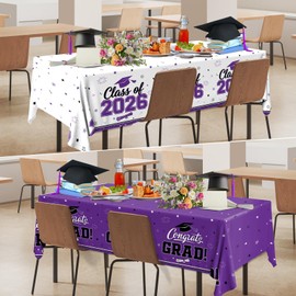 Graduation Tablecloth Purple Graduation Decorations Gongrats Grad Tablecloth 2026 Graduation Decor Class of 2026 Table Covers Purple and White Graduation Table Cloths for Graduation Party Supplies