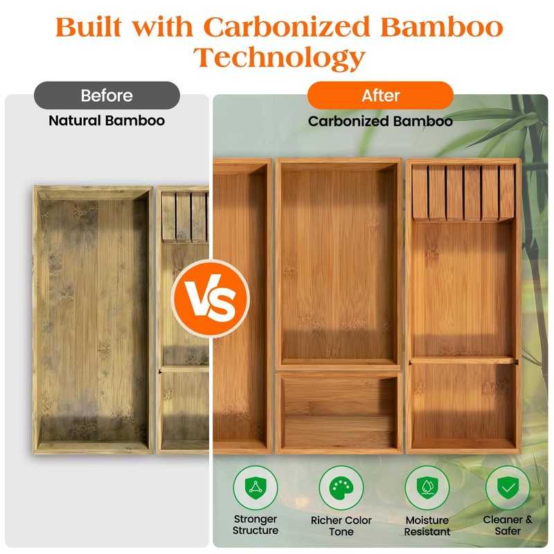 Piklohas Carbonized Bamboo Kitchen Silverwar Drawer Organizer,14.2 inch Length Natural