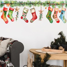 Christmas Wall Decals Winter Christmas Stockings Leaf Wall Stickers Removable Xmas Wall Decorations Christmas Window Clings Stickers for Kid Room Bedroom Living Room Christmas Party Wall Decor