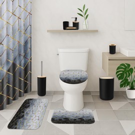 Tayney Geometric Gradient Blue Black Bathroom Decor and Accessories Set, Shower Curtain and Rug Set with Trash Can, Soap Dispenser, Soap Dish, Toothbrush Holder, Toothbrush Cup, Toilet Brush