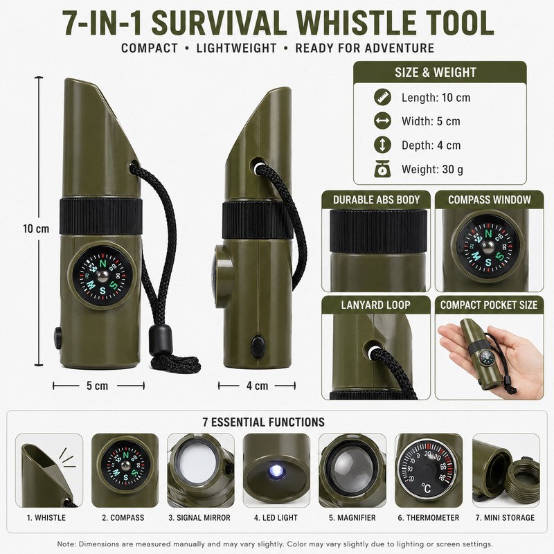 7-in-1 Survival Whistle Tool for Camping – Compact Compass, LED