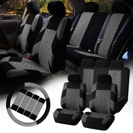FH Group Car Seat Covers Interior Full Set Accessories Travel Master Car Accessories for Cars VANS Trucks and SUV - Airbag and Split Rear Gray Combo One Steering Wheel Cover, & Four Seat Belt Pads