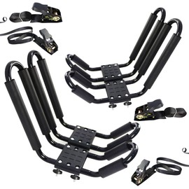 2 Pairs Kayak Rack J-Bar Car Roof Rack for Canoe Carrier SUP Paddle Surfboard Mount on Car SUV and Truck Crossbar, Includes 4 Pcs Roof Rack Tie Down Straps.
