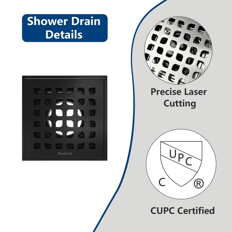 Neodrain Low Profile Shower Drain Kit, Square Drain, 4" Matte