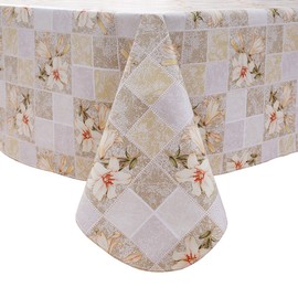 LIBERECOO Vinyl Tablecloth Flannel Backed Stain-Resistant Square PVC Table Cloth Waterproof Oil-Proof Wipeable Indoor/Outdoor Picnic, BBQ and Dining Table Cover (60 x 60 Inch Square, Beige Floral)