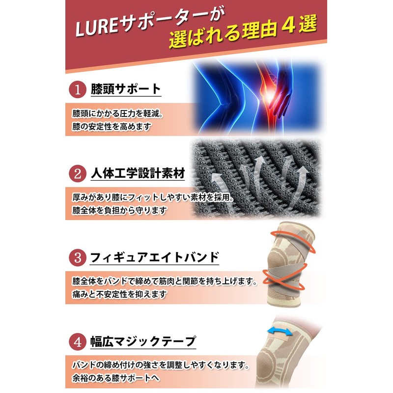LURE 膝サポーター ひざ専用 スポーツ 【専門家監修】 人気 ケガ予防 ベージュ (左右兼用 XLサイズ
