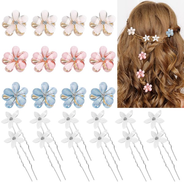 Kiiwah Pack of 24 Women's Hair Accessories, U-Shaped Hair Pins, Wedding with White Flowers, Small Diamond Flowers Hair Clips for Girls, Women for Wedding, Photo, Everyday Life, Party