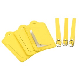 sourcing map Luggage Tag PU Holders, 12x7cm Baggage Label Identifier with Straps for Backpack Travel Bag Suitcase, Yellow Pack of 3