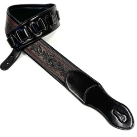 Walker and Williams KB-02-BT Handmade Dark Oxblood Brown Carving Leather Padded Guitar Strap With Black Floral Skull & Christian Cross For Acoustic, Electric And Bass Guitars