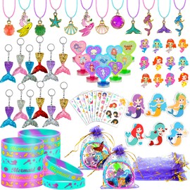 90 PCS Mermaid Party Favors for Girls - Mermaid Birthday Supplies with Bracelets, Necklaces, Rings, Keychains, Tattoo Stickers, Post-it Notes & Goodie Bags