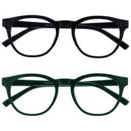 OPULIZE Blu Reading Glasses with Blue Light Blocking 2 Pack Cool Round Frame Spring Hinges Improve Sleep Computer Gaming Anti-Reflective Black Green Mens Womens BB5-16 +2.00