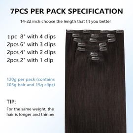 COOKAYU Clip in Human Hair Extension Darkest Brown 16Inch 7pcs 120g Clip in Extensions Brown Clip in Extensions Real Human Hair Darkest Brown Real Hair Extensions Clip in Human Hair （#2-16inch）