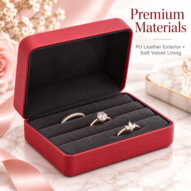 Red PU Leather Ring Jewelry Box – Velvet-Lined Multi-Ring Organizer