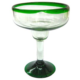 MexHandcraft Emerald Green Rim 14 oz Large Margarita Glasses (set of 6), Recycled Glass, Lead-free, Toxin-Free (Margarita)