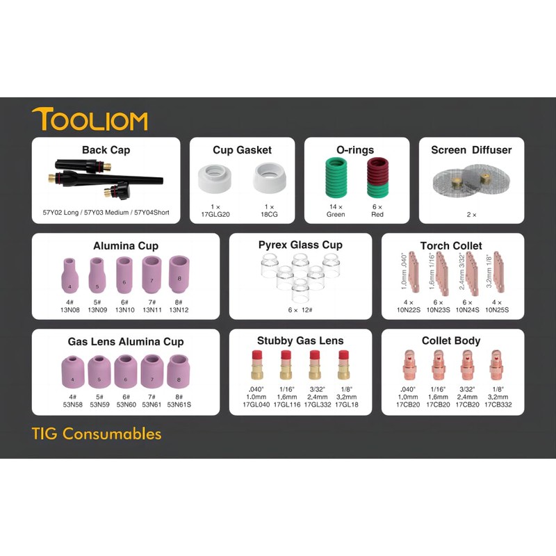 TOOLIOM 71Pcs TIG Welding Torch Accessories Kit Stubby Gas Lens