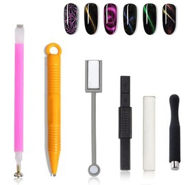 Samcos Nail Magnets, Nail Art Kit, Set of 6, Magnetic Tool for Cat Eye, 3D Cat Eye Magnetic, Super Strong, Cat Eye Effect, Gel Nails, Magnet, Brush, Flower Pattern, Double Headed Thunder Magnet, Ends,