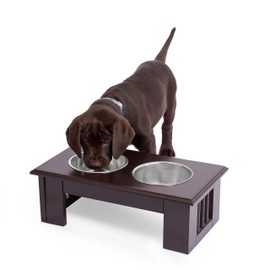 INTERNET'S BEST Traditional Elevated Pet Feeder - Raised Dog Food and Water Stand with Stainless Steel Bowls - Adjustable for Small to Medium Breeds - Pet Feeding Station - Espresso - Small