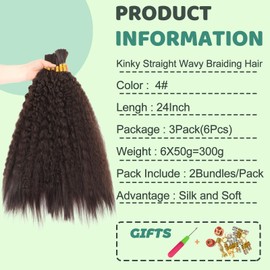 XIIMENALU Kinky Straight Wavy Braiding Hair for Boho Braids, Wet and Wavy Bulk Hair for Braiding, No Weft, Yaki Straight Bulk Hair for Micro Braiding Rebundle Braids (4#, 24 Inches (3 Pack (6 Pieces)