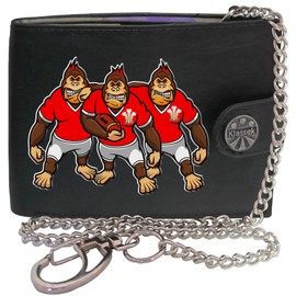 Klassek Wales Rugby Gorilla Welch Prince Feathers Caricature Shirt Mens Wallet with Chain Real Leather RFID Blocking with Coin Pocket and Metal Gift Box