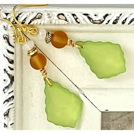 Silver White, Amber and Green Faux Frosted Sea Glass Teardrop Beach Earrings Gemstone Dangle Earrings for Women Handmade Earrings with French Hook Womens Earrings