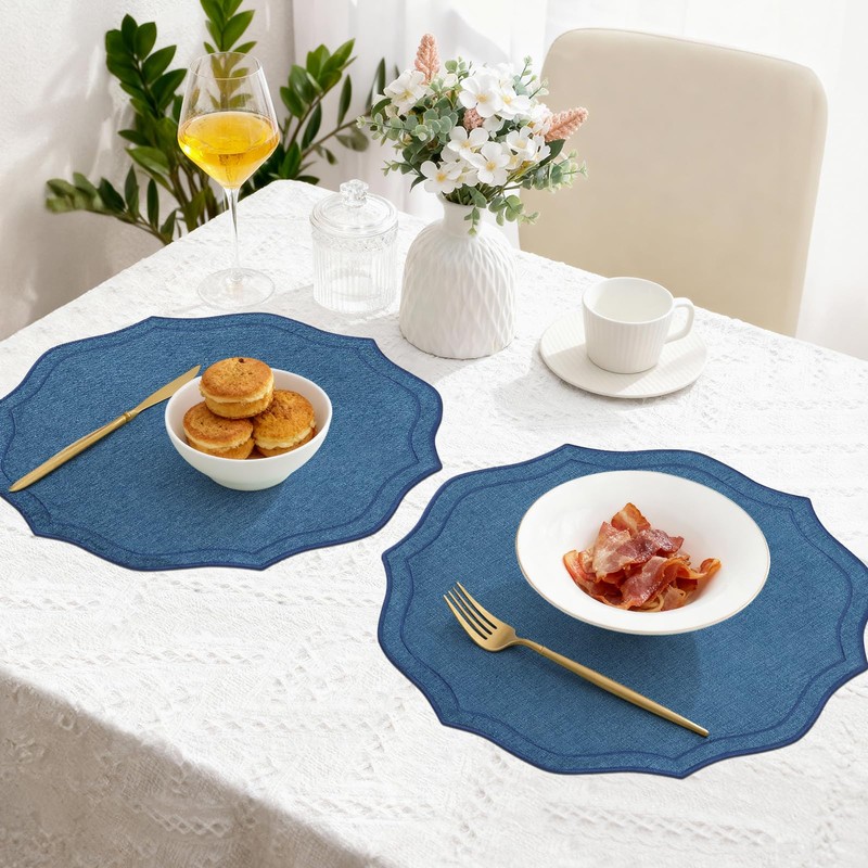 fanquare Navy Blue Round Placemats Set of 4, 15" Embroidered