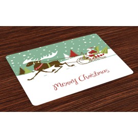 Lunarable Christmas Place Mats Set of 4, Merry Christmas Lettering Santas Sleigh with Reindeer Snowy Woods Retro Style, Washable Fabric Placemats for Dining Table, Standard Size, Multicolor