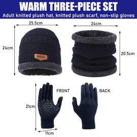 TYXHXTF Winter Hat Scarf Gloves Warm 3 in 1 Set, Knitted Slouch Beanie Cap Circle Scarf and Non Slip Touchscreen Glove Soft Stretch for Outdoor Sports, Gift for Men Women (Blue)