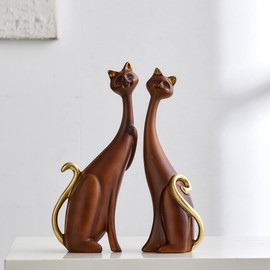 Octdays 2 Pcs Cat Statues Cat Couple Sculptures Set Modern Resin Figurines for Home Decor Living Room Bookshelf Office Desk Decoration Gifts for Cat Lover (Wood Grain)