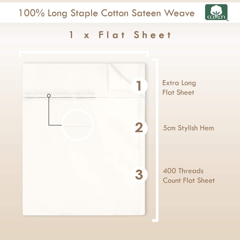 Pizuna 100% Cotton Single Flat Sheet Off White, 400 Thread