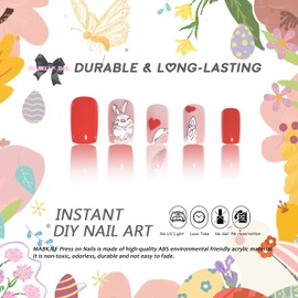 Easter Press on Nails Short Square Fake Nails Red Full Cover Cute Bunny Carrot False Nails with Designs Glossy Glue on Nails Cute Acrylic Nails Manicure Artificial Nails for Women Girls 24Pcs