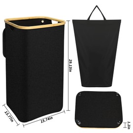 Laundry Basket with Wheels - Large Laundry Hamper with Removable Bag, Foldable Dirty Clothes Hamper with Handles, Waterproof Oxford Bamboo Hamper for Bedroom, Laundry Room, Dorm Room (Black Wheel)