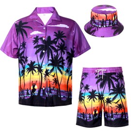 Raveparty Hawaiian Shirt and Shorts Set Mens, Summer Hawaiian Shirts, Hawaii Shirts for Men Seaside Beach Vacation Holiday (Purple, XL)