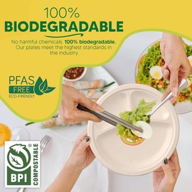Thinkcology Compostable 3 Compartment Paper Plates 10 inch | Disposable Plates | Made of Biodegradable Sugarcane Bagasse | Round Heavy-Duty Eco-Friendly Dinner Plates | Natural Brown | 150 Pack