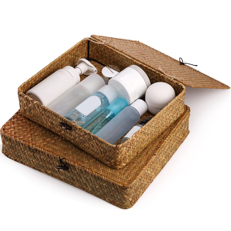 Elsjoy 2 Pack Seagrass Baskets with Lid, Wicker Storage Baskets