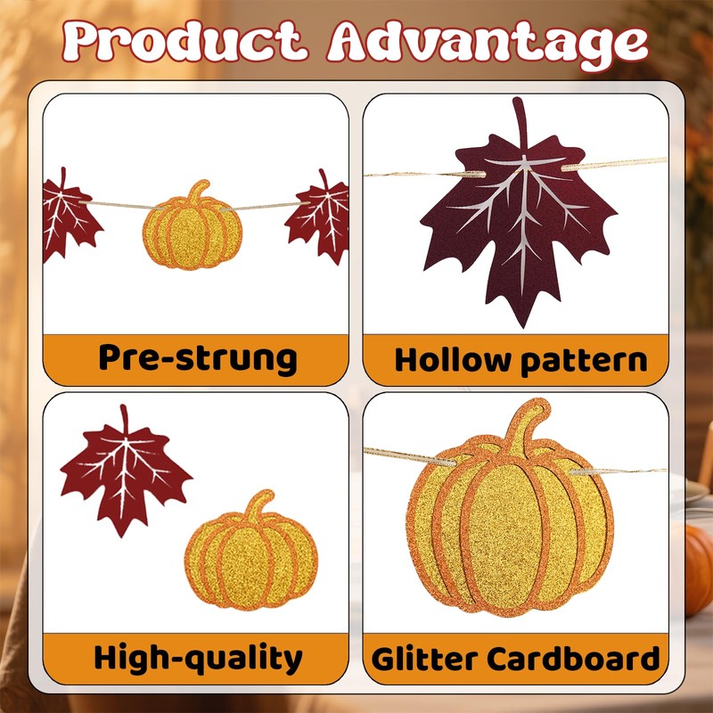 SerpizePaty Thanksgiving Banner, Pre-Strung Fall Maple Leaves Banner With Pumpkin,