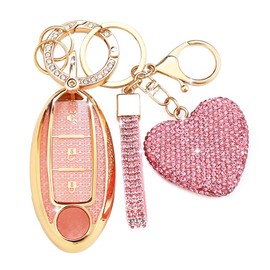 Simocky Key Fob Cover with Diamond Keychain for Nissan Car Key Shell Compatible with Nissan Altima Rogue Sentra Pathfinder Frontier Maxima Titan Murano Kicks Juke Versa Armada (3 Buttons-Pink Heart)