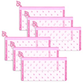 Fassave 6 Pack Mini Zipper Mesh Makeup Bags, Heart Print Nylon Cosmetic Bags Toiletry Bags for Office Travel Organization (Pink, M)