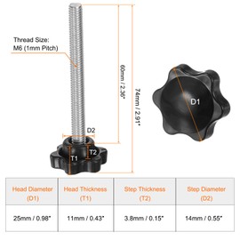 QUARKZMAN Pack of 15 Knurled Screws with Star Handle M6 x 60 mm x 25 mm Star Grip Screw Plastic Knob Stainless Steel 304 Threaded Bolts Clamping Screw Star Grip Nut Clamping Knob for Machine